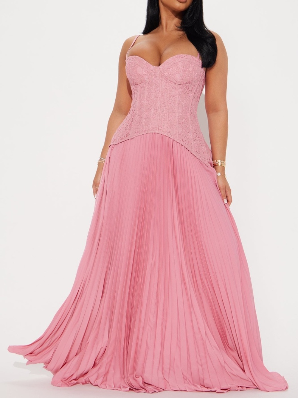 Daniella Lace Corset Pleated Maxi Dress - Pink Size: XS